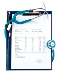 Blood test results in a clipboard with stethoscope isolated