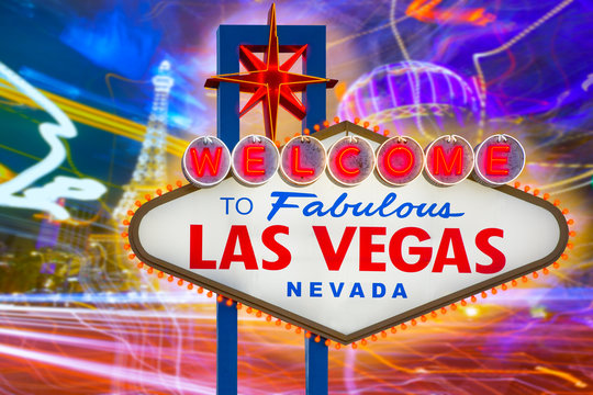 Welcome to Fabulous Las Vegas sign sunset with Strip