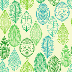Seamless hand drawn vintage pattern with green ornate leaves - 59605801