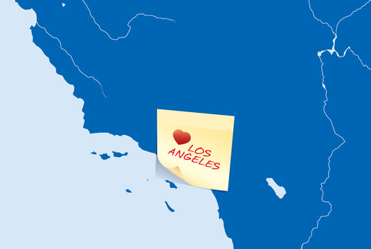 USA map with yellow stick note card with I love Los Angeles text