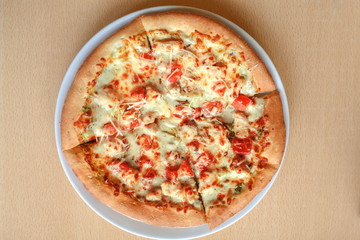 Pizza with tomatoes, cheese and herbs on a plate