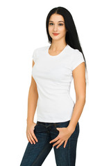 Obraz premium Girl with blank white t-shirt isolated on white background