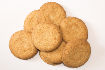 Homemade  chips cookies on white background in top view