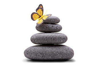Butterfly on a stack of balanced stones