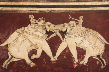 Colorful wall paintings in Chitrashala, Bundi Palace, India © donyanedomam