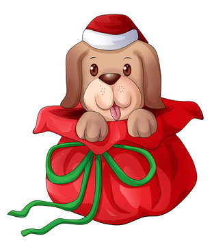 Cartoon illustration of a cute puppy appears from gift wrap