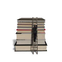 Businessman climbing on ladder to reach top of stack books