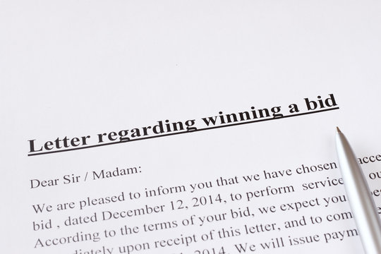 Letter Regarding Winning A Bid Or Auction. Business Or Finance C