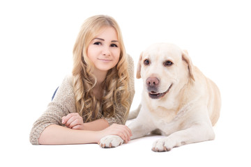 young beautiful woman lying with dog isolated on white