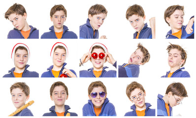 collection of male teenager portraits, isolated on white