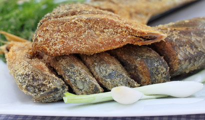 Closeup of uncooked preserved Ilish fish with vegetables