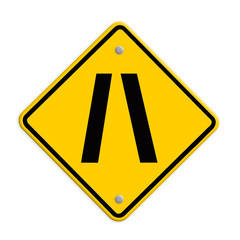 Road narrows traffic sign on white background with clipping path