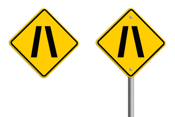 Road narrows traffic sign on white background with clipping path