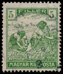 HUNGARY - CIRCA 1916: A stamp printed in Hungary shows Harvestin