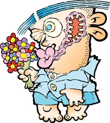 A funny, romantic man with a bouquet of flowers - Vector illustration