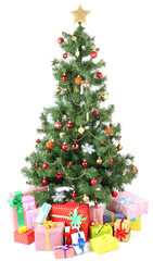 Decorated Christmas tree with gifts isolated on white