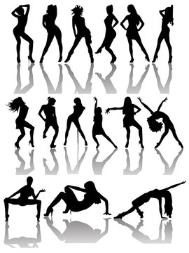 Set of Silhouettes of Dancing Couple and Girls.