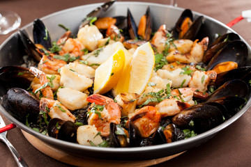 seafood paella in the fry pan