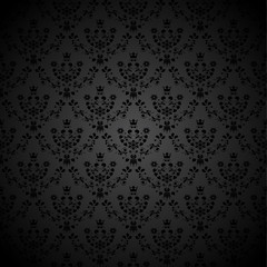 Vector black seamless background with flower, crown, star, leaf