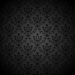 Vector black seamless background with flower, crown, star, leaf
