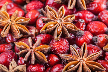 Christmas decorations background: cinnamon, anise and dog-rose