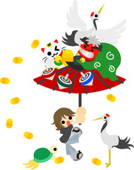 傘を回す男の子。傘の上には鶴や駒や招き猫など、たくさん乗っています。