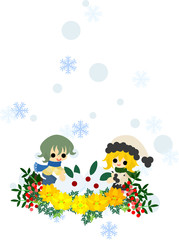 Fototapeta na wymiar 福寿草が咲く場所で、かわいい雪うさぎを作る小さな男の子と女の子。