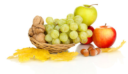 Green grape with nuts isolated on white