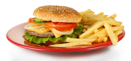 Tasty cheeseburger with fried potatoes, isolated on white