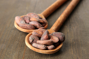 Cocoa beans in spoons on wooden background
