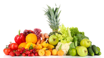 Assortment of fresh fruits and vegetables, isolated on white