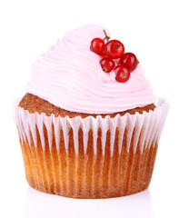 Tasty muffin with berries isolated on white