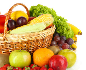 Different fruits and vegetables on white background