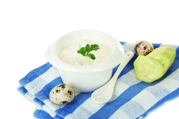 Cucumber yogurt in glass bowl,