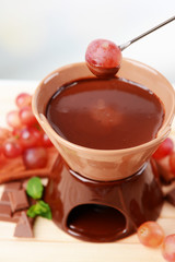 Chocolate fondue with fruits,