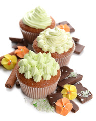 Tasty cupcakes with butter cream, isolated on white