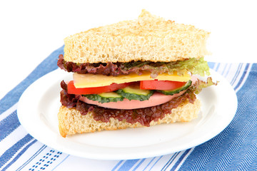 Fresh and tasty sandwich on plate isolated on white