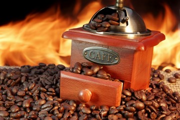 Old Coffee Grinder and Beans