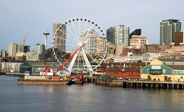 Waterfront Piers Dock Buildings Needle Ferris Wheel Seattle