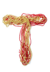 Letter t of red and gold beads