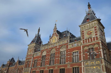Fototapeta na wymiar Amsterdam , central station building with seagulls