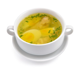 Chicken broth with egg and greens.