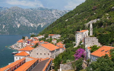 Naklejka na ściany i meble Landscape of old town on Adriatic sea coast. Perast, Montenegro