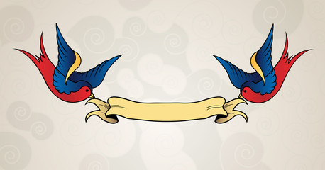 Tattoo style swallows with banner, old school