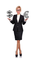 woman holding euro and dollar