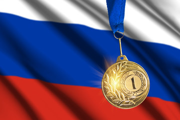 golden medal against Russian flag background