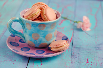 Vanilla macaroon in colorful cup on a colored background