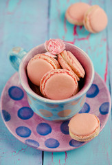 Vanilla macaroon in colorful cup on a colored background