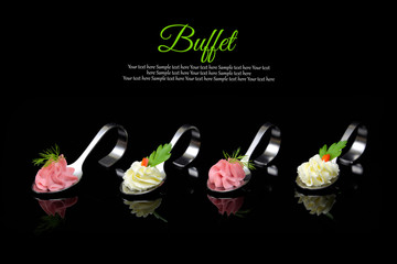 Elegant spoons with puree and garnish, gourmet cuisine