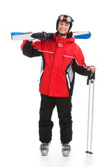 Handsome active man with sky in ski suit.